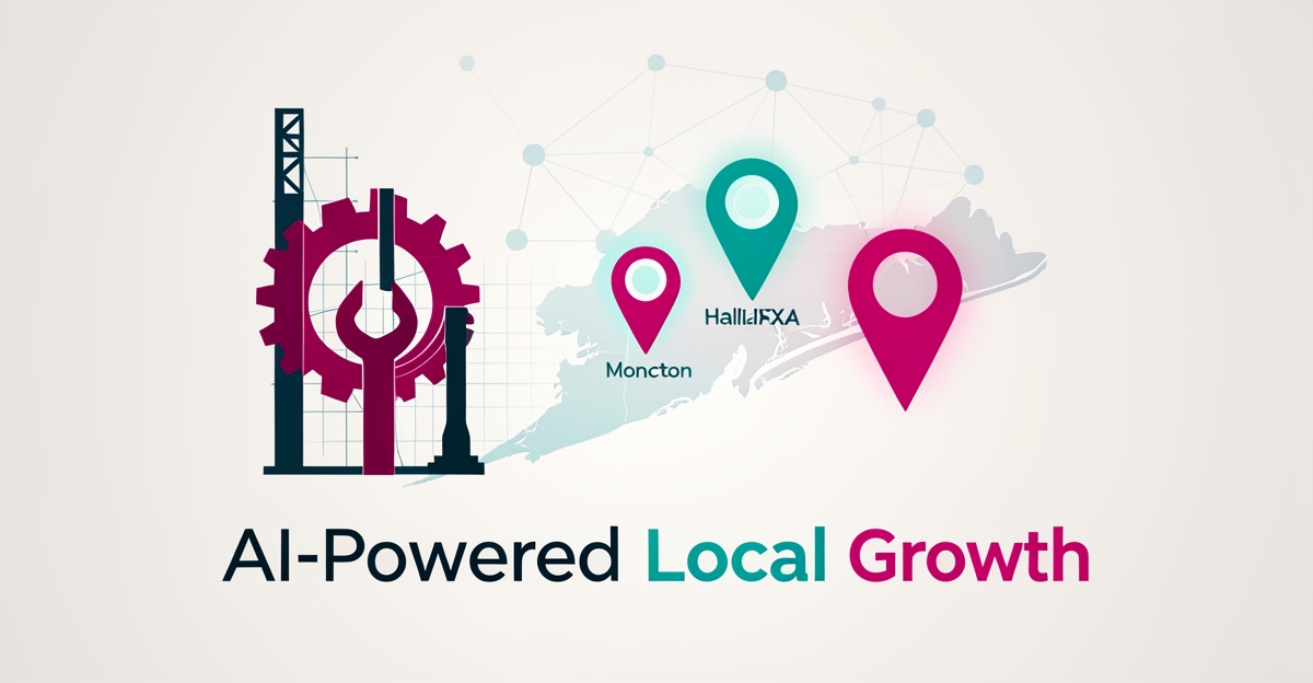 Flat illustration of industrial tools, map pins and AI nodes representing AI local SEO for millwrights in Halifax, Victoria and Moncton.