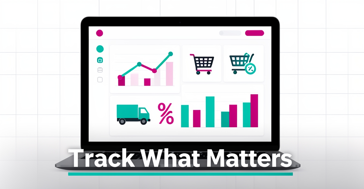 Flat illustration of a produce wholesaler website dashboard with abstract metrics visualizations and brand-colored accents, featuring the headline 'Track What Matters' in the lower third.