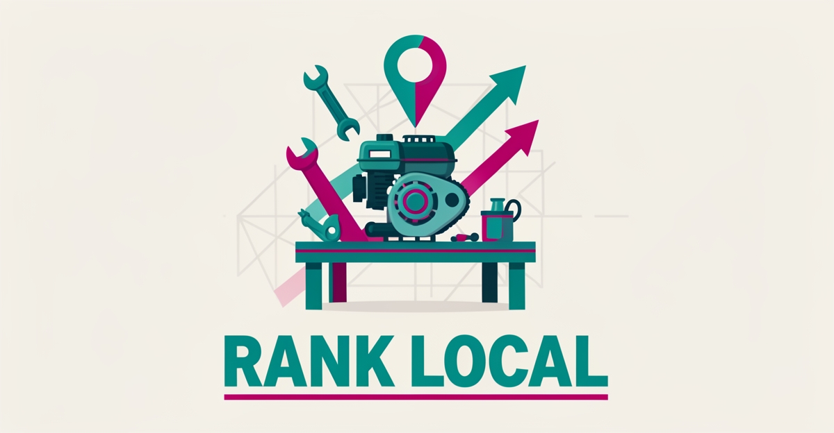 Flat illustration of a small engine on a workbench with a map pin and ranking arrows, accented in teal and magenta, with the headline Rank Local.