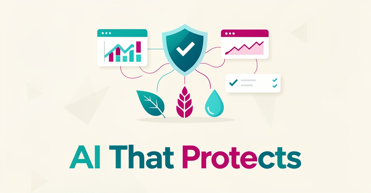 Flat illustration of a shield and checkmark over food icons connected to compliance dashboard cards, with headline AI That Protects.