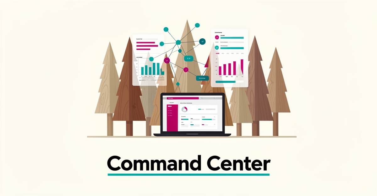 Flat illustration of a digital job-tracking dashboard integrated with stylized timber trees, symbolizing streamlined forestry operations.