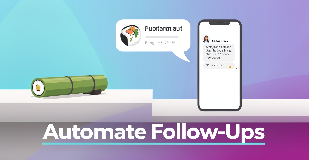 Minimalist flat illustration of a sushi counter with a smartphone showing an automated follow-up message, using brand colors as accents, no people or text clutter.