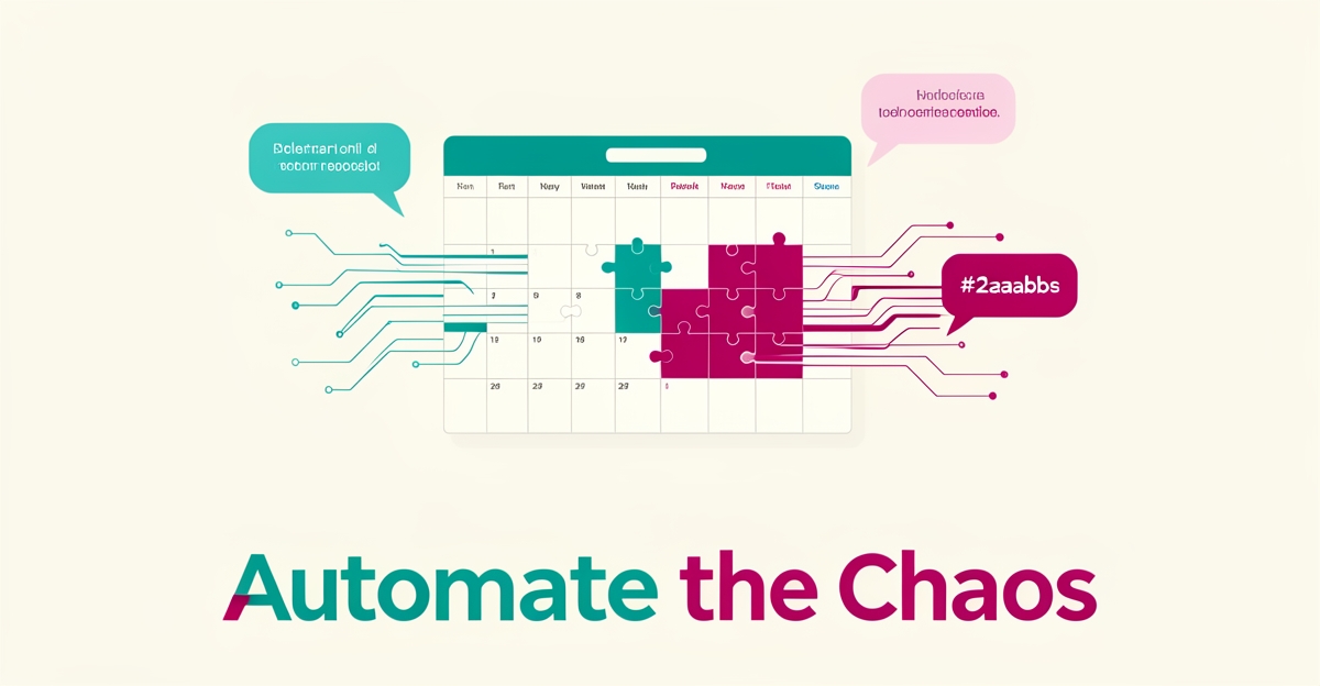 Flat illustration of a calendar grid transforming into automated AI streams with speech bubbles, accented in teal and magenta, headline reading Automate the Chaos.