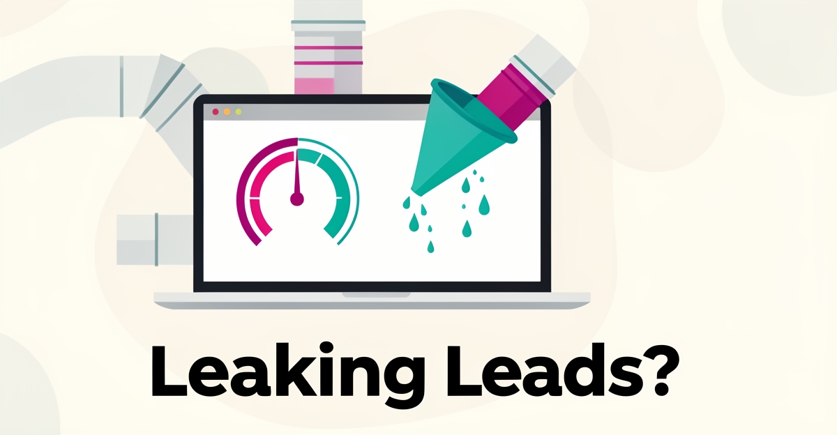 Flat illustration of a laptop with a speed gauge and funnel leaking teal droplets, symbolizing a website losing leads, with headline 'Leaking Leads?'.