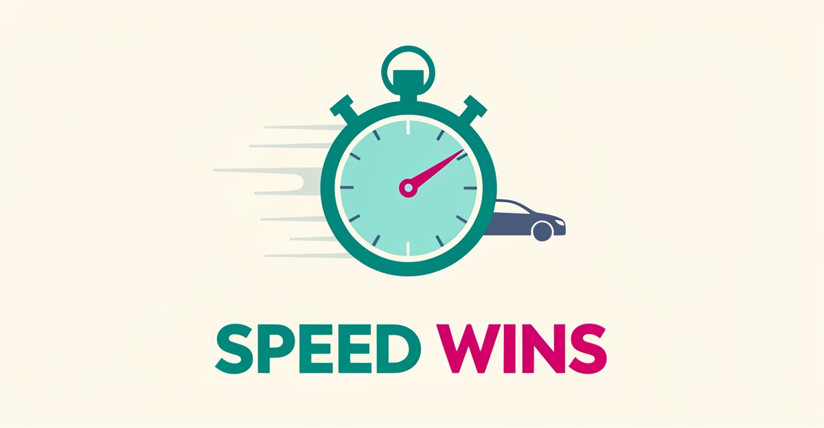 Flat illustration of a stopwatch with a car silhouette symbolizing instant AI lead response for BHPH dealerships, headlined Speed Wins.