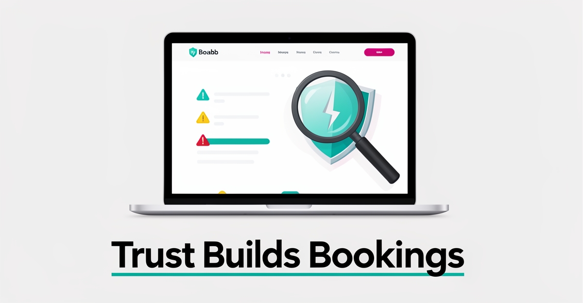 Flat illustration of a laptop showing a clinic website with warning icons and a cracked shield, symbolizing lost patient trust.