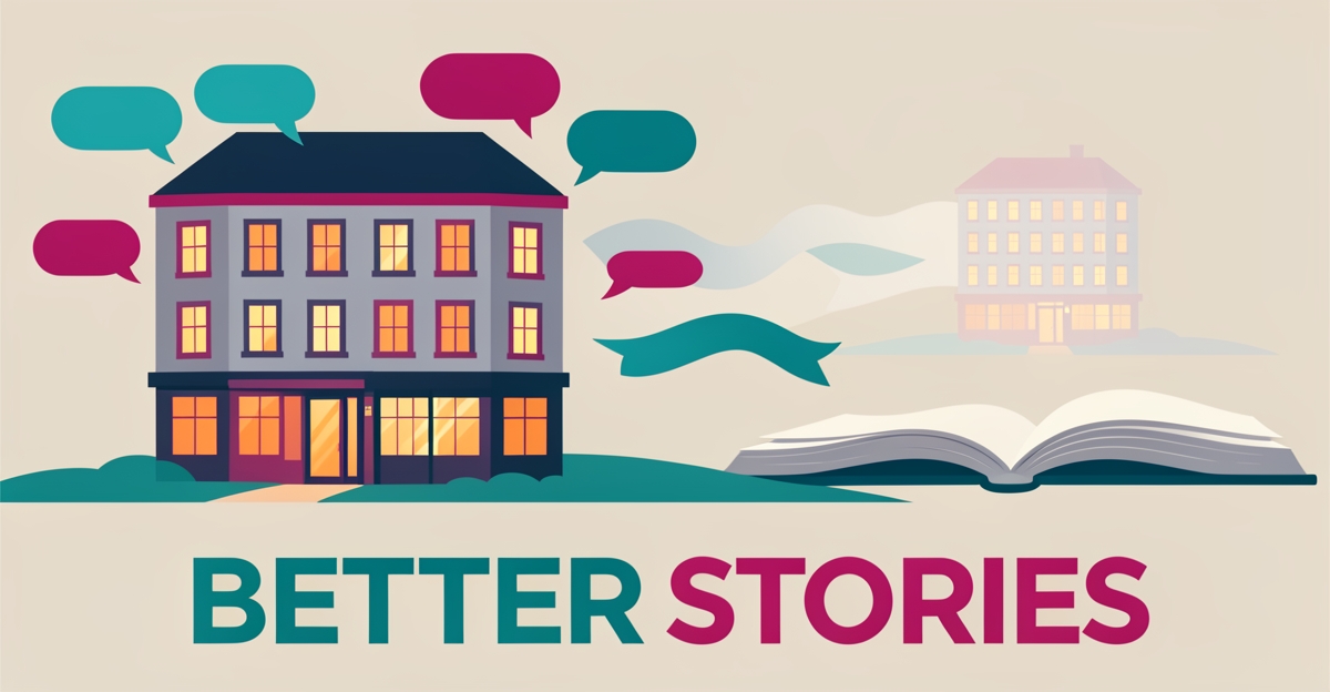 Flat illustration of a boutique hotel losing glowing story ribbons to a rival hotel, with headline reading Better Stories.