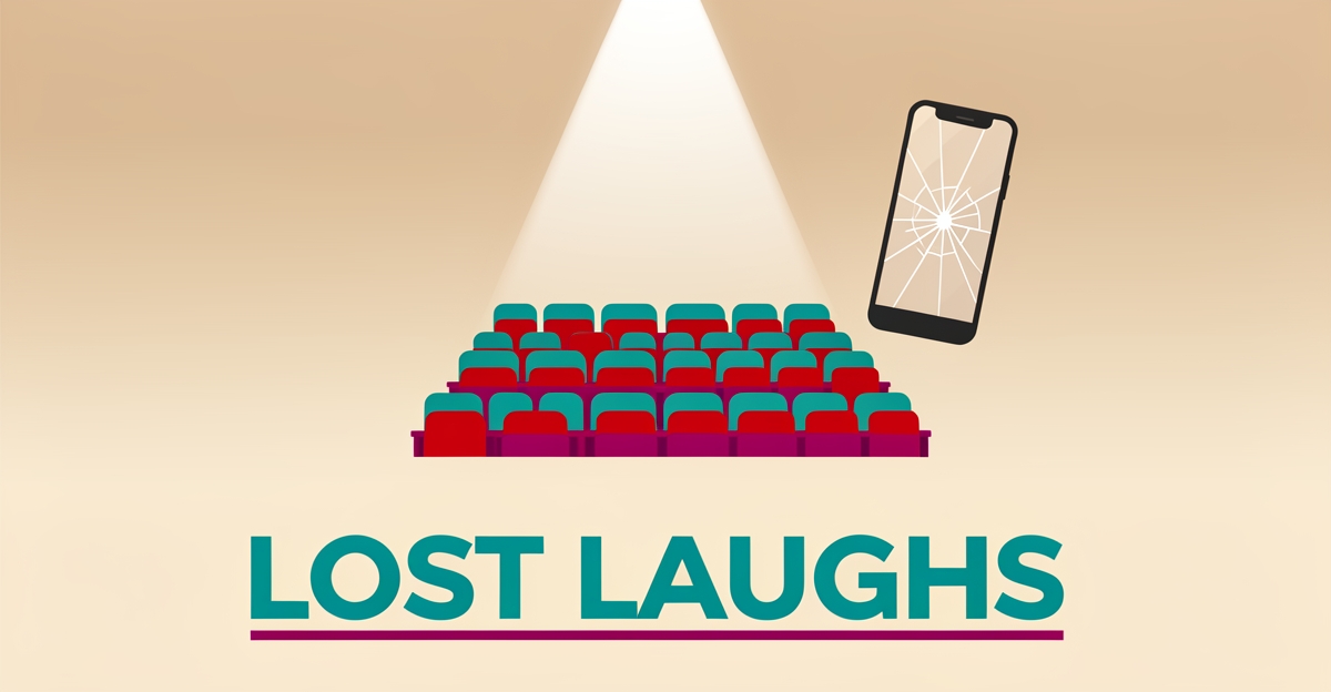 Flat illustration of an empty comedy club stage with spotlight, vacant seats, and a cracked smartphone, symbolizing a website driving audiences away.