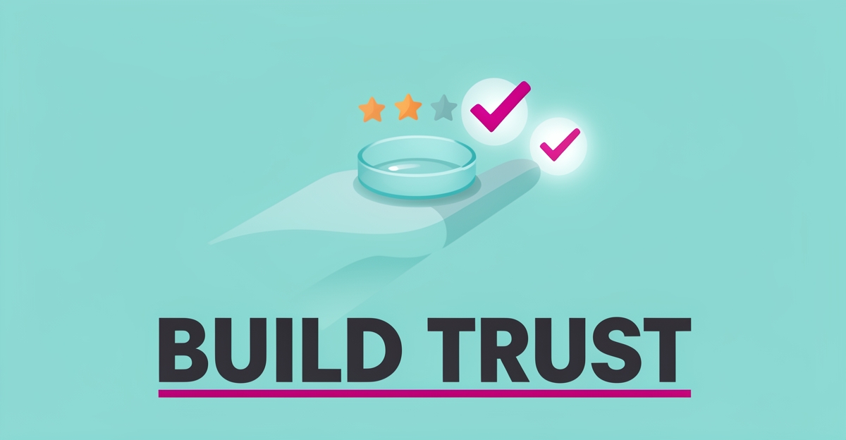 Flat illustration of a contact lens with a five-star review icon and checkmark in teal and magenta, with the headline Build Trust.
