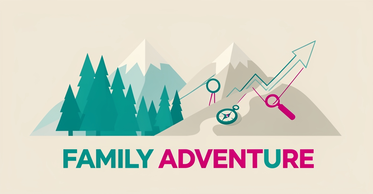 Flat illustration of eco-tourism mountains and trails with compass motif and bold 'Family Adventure' headline in teal and magenta.