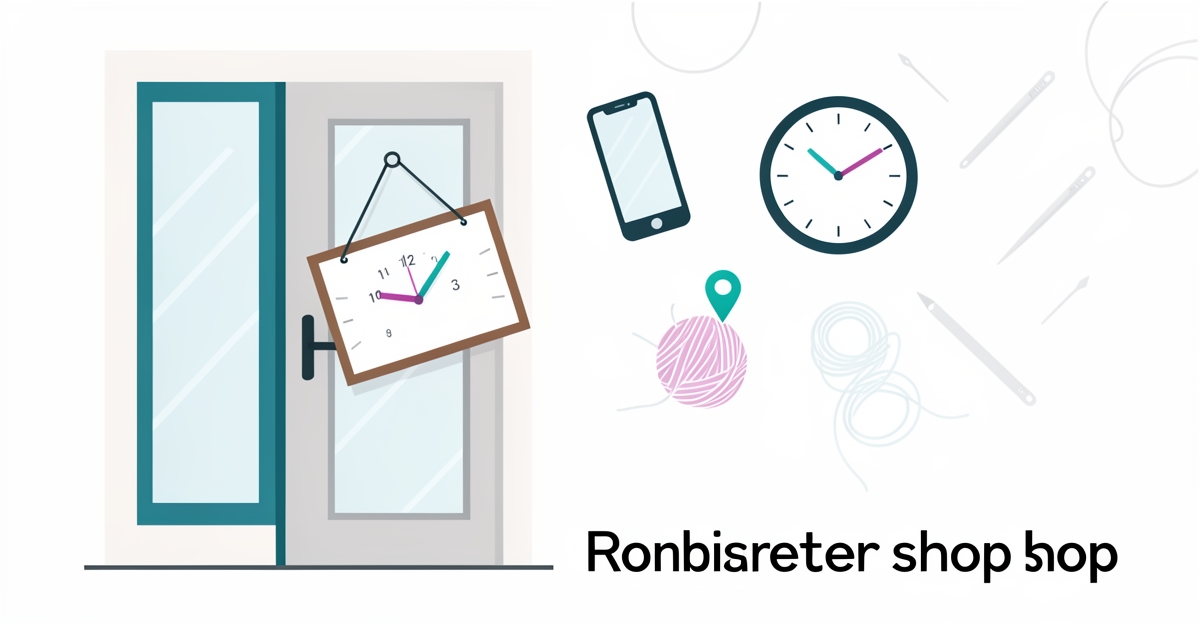 A minimalist flat illustration of an embroidery shop with a closed sign and mismatched clocks, symbolizing inaccurate business hours losing customers, with brand-colored accents.