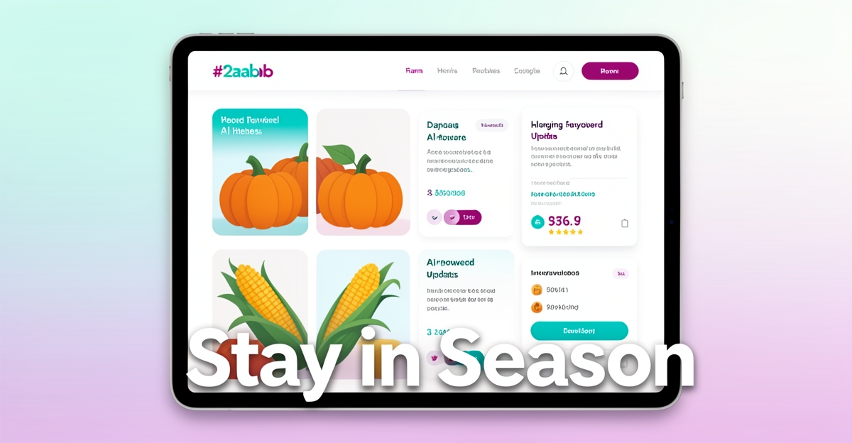 A modern tablet displays a farm website with seasonal produce and AI-driven updates, featuring brand-colored accents and the headline 'Stay in Season' in the lower third.