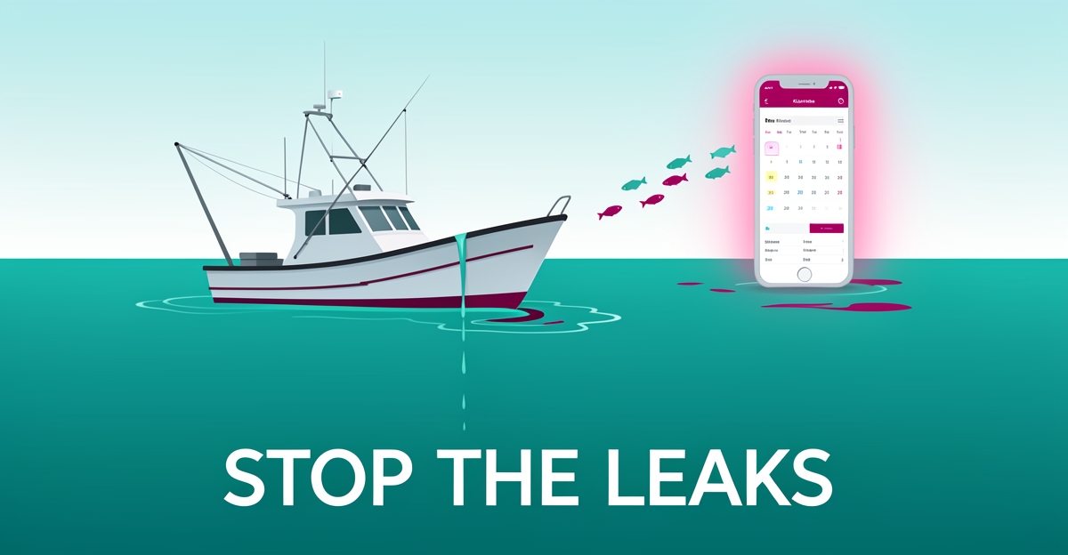 Flat illustration of a fishing boat leaking customers as fish swim toward a glowing phone booking screen, with headline Stop the Leaks.