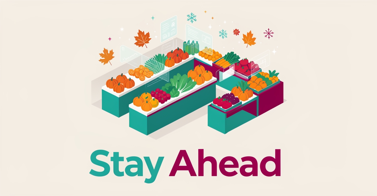 Flat illustration of a food hall with seasonal produce and AI interface elements, accented in teal and magenta, with the headline 'Stay Ahead'.