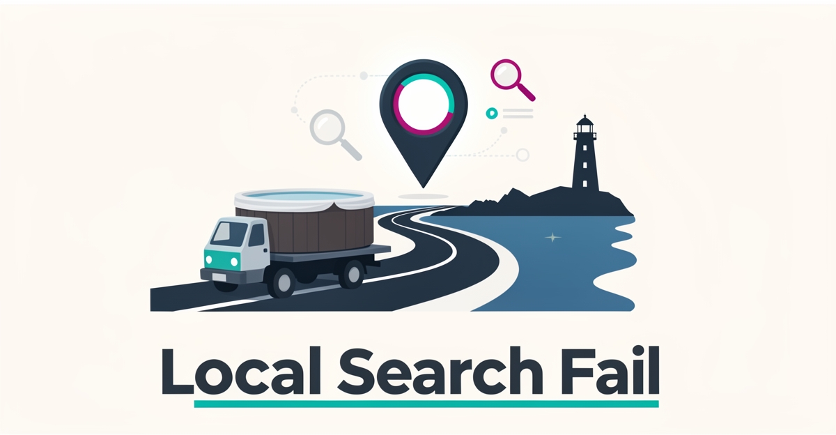 Flat illustration of a hot tub removal truck approaching a glowing map pin over a Nova Scotia coastline, symbolizing local search visibility.
