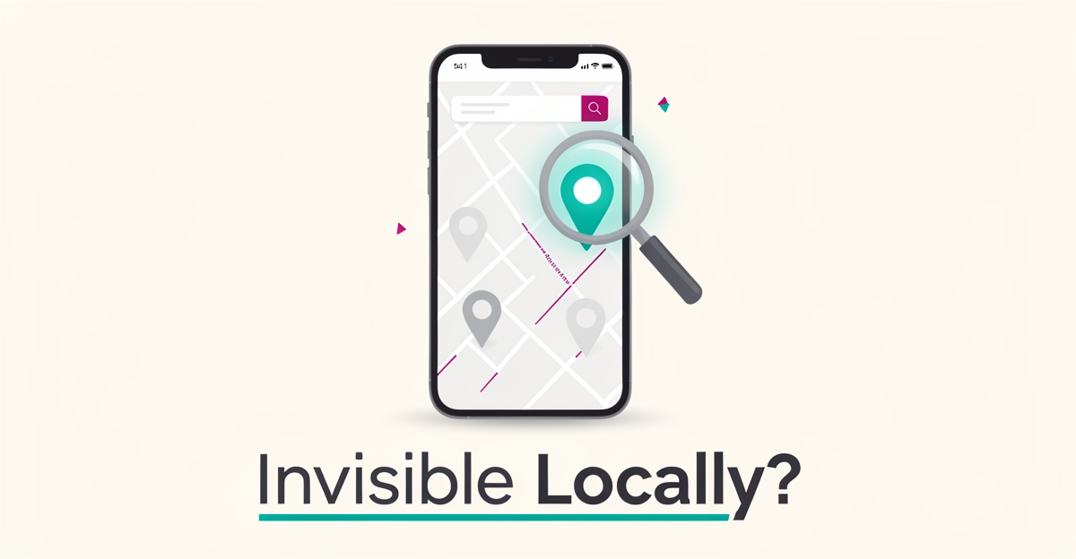 Flat illustration of a smartphone map with location pins and a magnifying glass symbolizing local search visibility for implant dentistry websites.