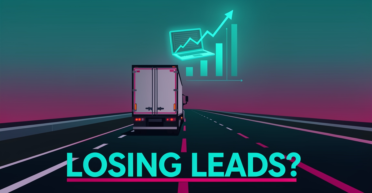 Flat illustration of a semi truck on a highway beneath a glowing analytics chart with the headline LOSING LEADS? in teal and magenta accents.