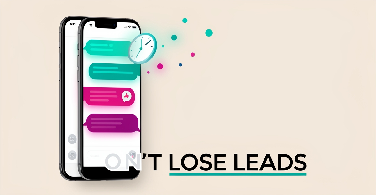 Flat illustration of a smartphone with teal and magenta chat bubbles and a clock icon, symbolizing fast client follow-up.