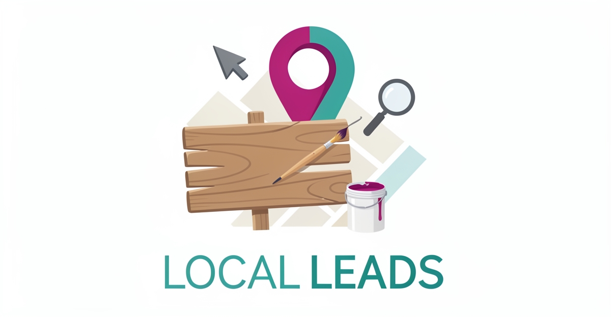 Flat illustration of a painted sign with a location pin and search icons in teal and magenta, symbolizing capturing local leads online.