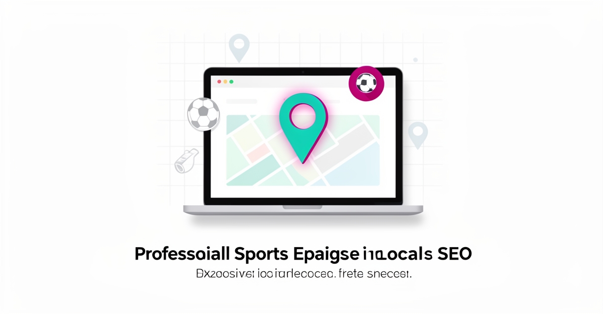 Flat illustration of a website with a faded map pin and sports icons showing local SEO visibility issues for a sports league.