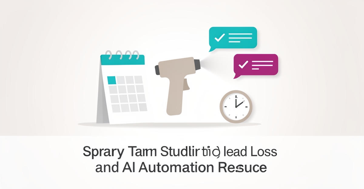 Flat illustration showing spray tan equipment, calendar, clock and AI chat bubbles highlighting slow follow-up client loss.