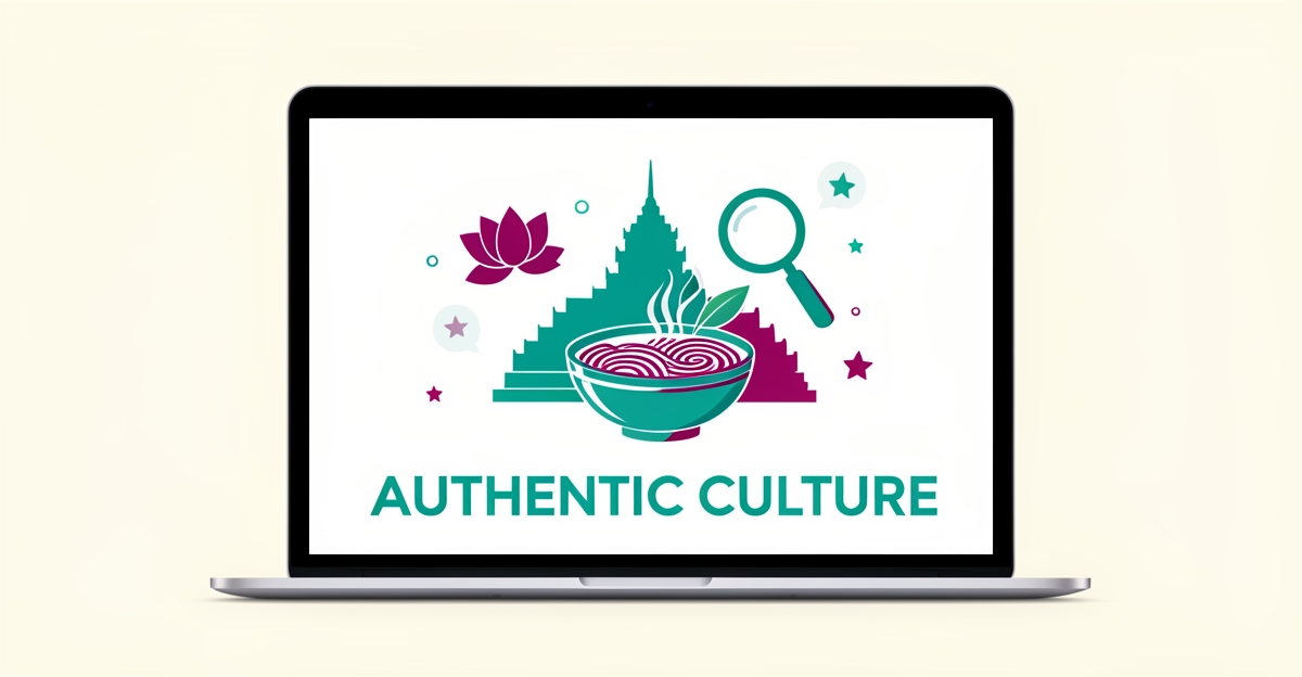 Flat illustration of a laptop showing Thai temple and noodle bowl imagery with teal and magenta accents, headline reading Authentic Culture.