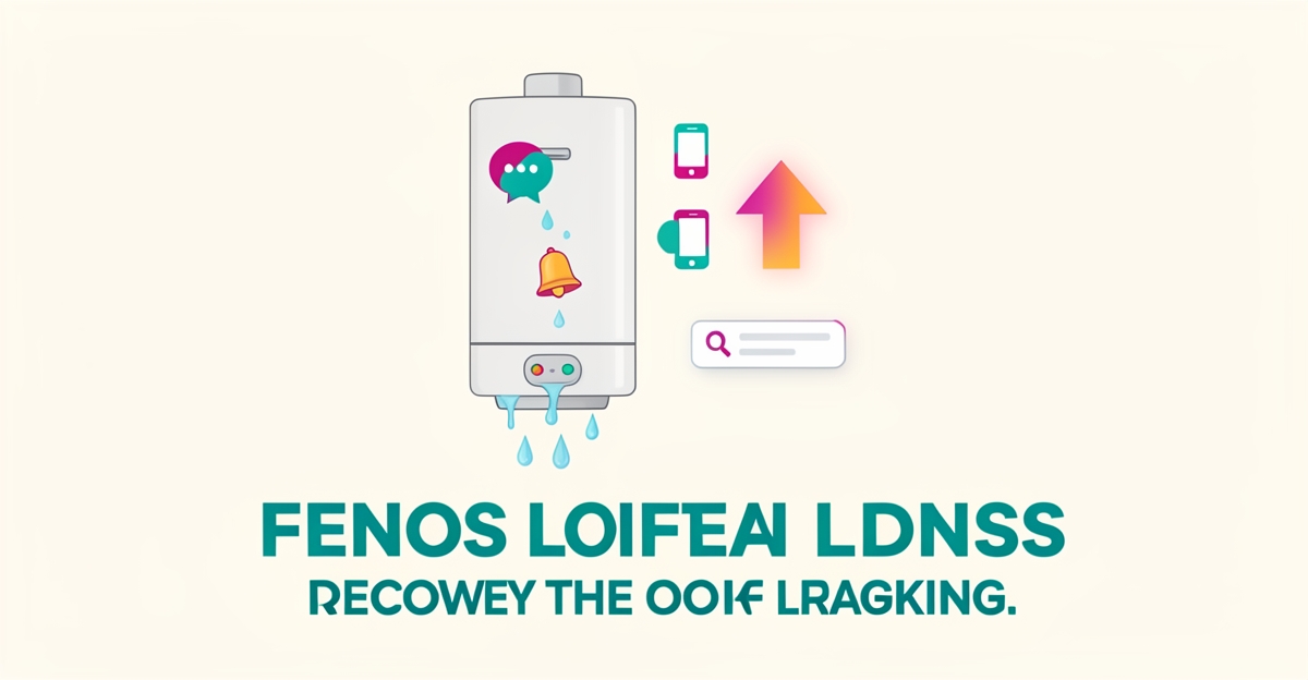Flat illustration of a leaking water heater losing lead icons, with teal and magenta accents symbolizing fixable SEO gaps.