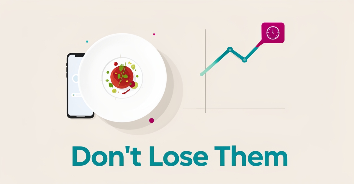 Flat illustration of a chef's plated dish with a smartphone notification and rising graph, symbolizing automated follow-ups that retain clients.