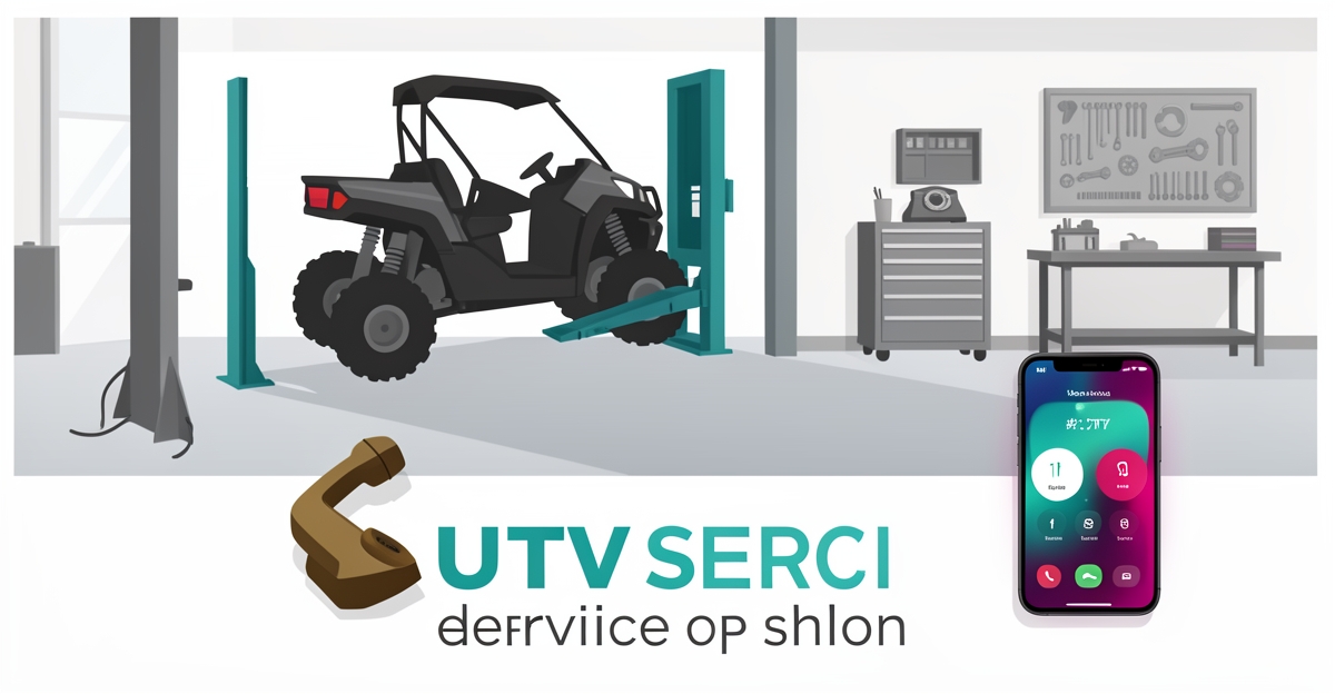 Flat illustration of a UTV service bay with a phone highlighting 24/7 call capture for shops.