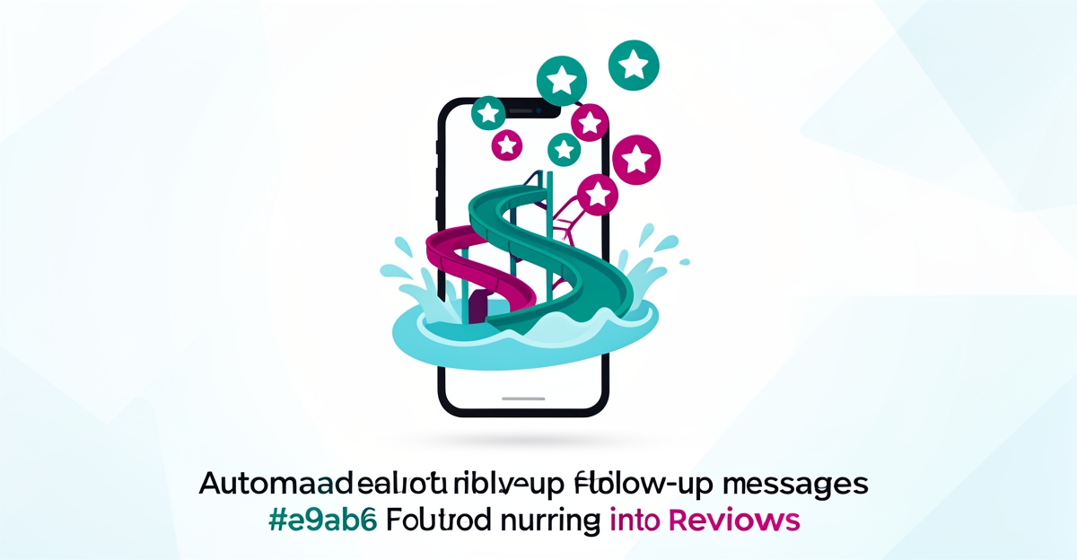 Flat illustration of a smartphone with review stars rising from water park slides in teal and magenta, with headline Turn Splashes Into Sales.