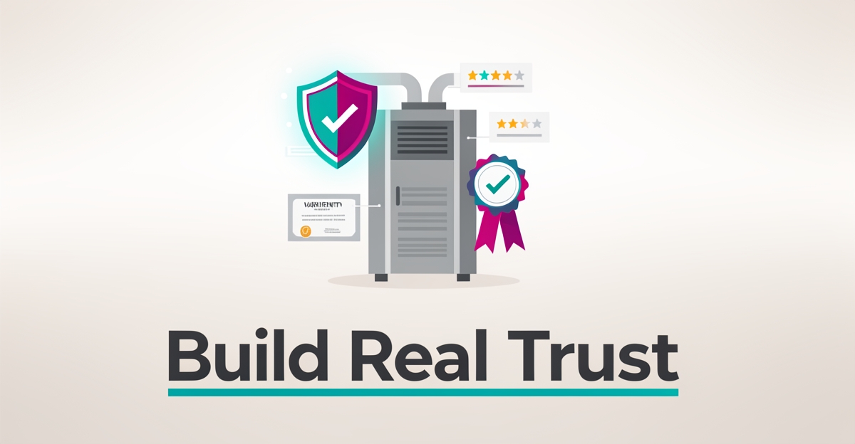 Flat illustration of a furnace with a trust shield and verification badge, accented in teal and magenta, with headline Build Real Trust.