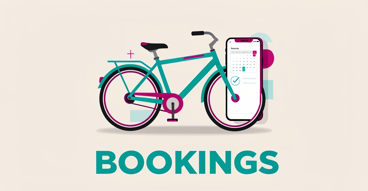 Flat illustration of a bicycle and smartphone booking app in teal and magenta, symbolizing high-converting bike rental website features.