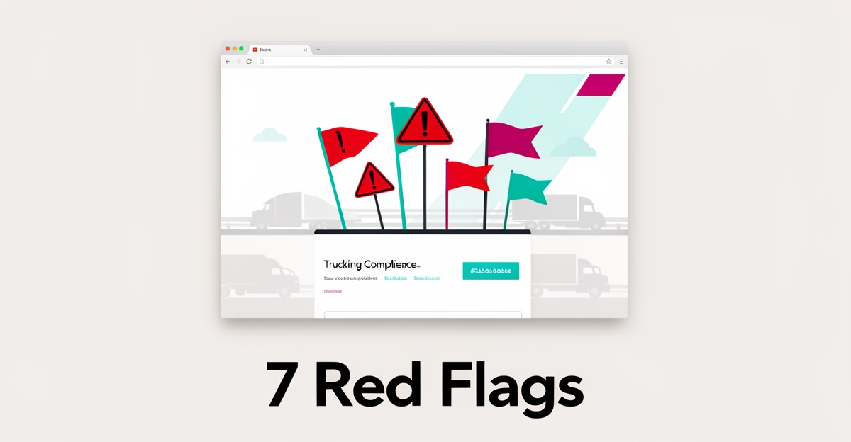 Flat illustration of a compliance website on a browser window with seven warning flags in teal and magenta, symbolizing DOT website red flags.