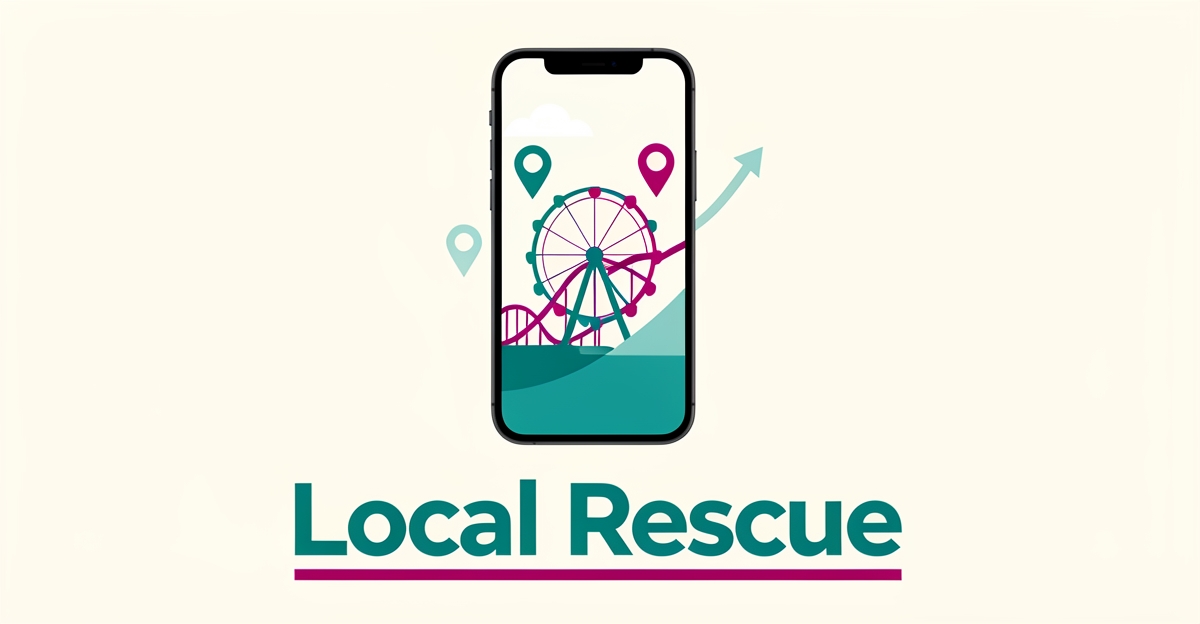 Flat illustration of a smartphone showing an amusement park with map pins and growth curves, headline reading Local Rescue.