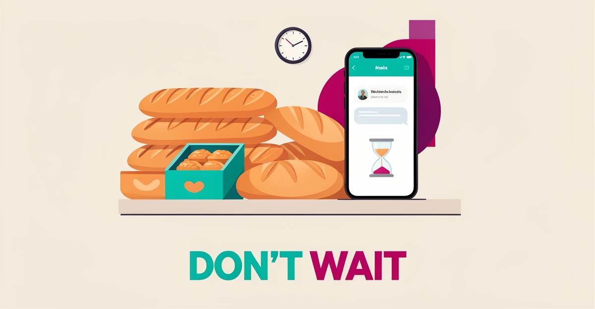 Flat illustration of wholesale bakery goods beside a phone with an unanswered message and hourglass, symbolizing slow lead follow-up, headline Don't Wait.