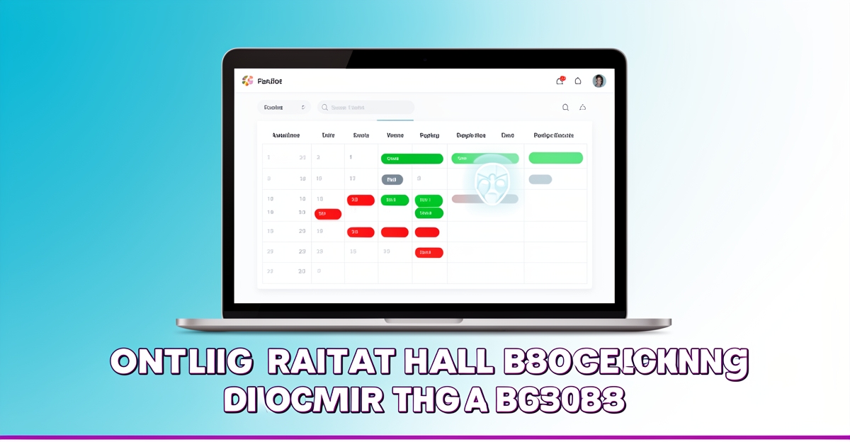 A modern flat illustration of a laptop displaying a real-time banquet hall booking interface with visible capacity indicators and AI-assisted automation, featuring brand color accents and a clean minimalist design.