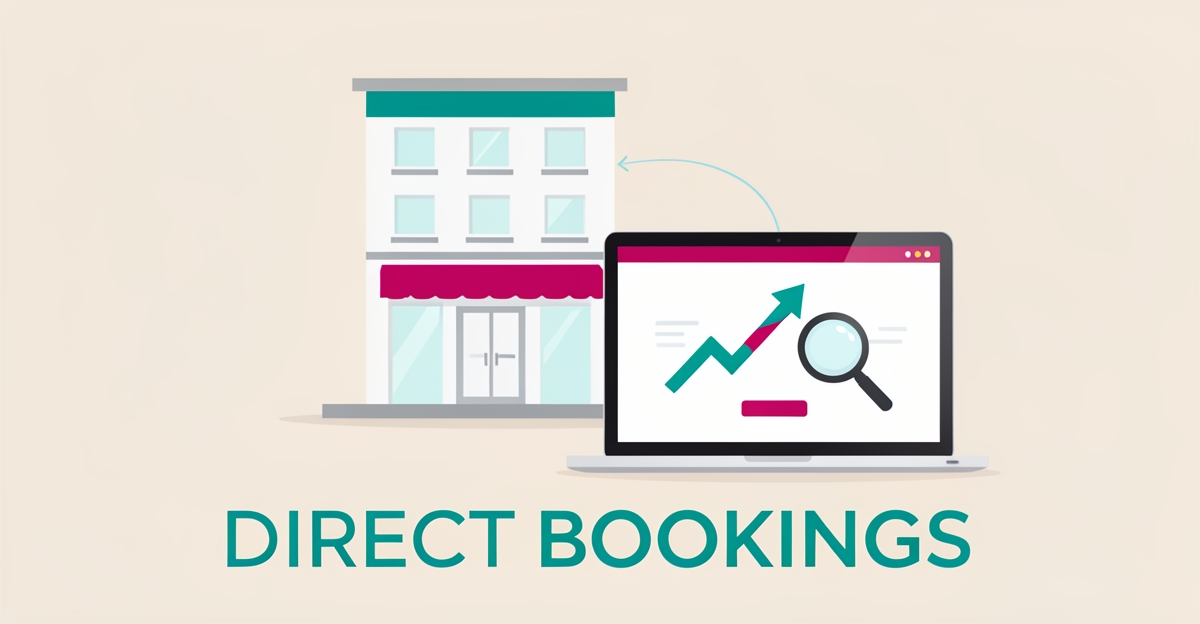 Flat illustration of a boutique hotel connected to a laptop booking interface with rising arrow, accented in teal and magenta.