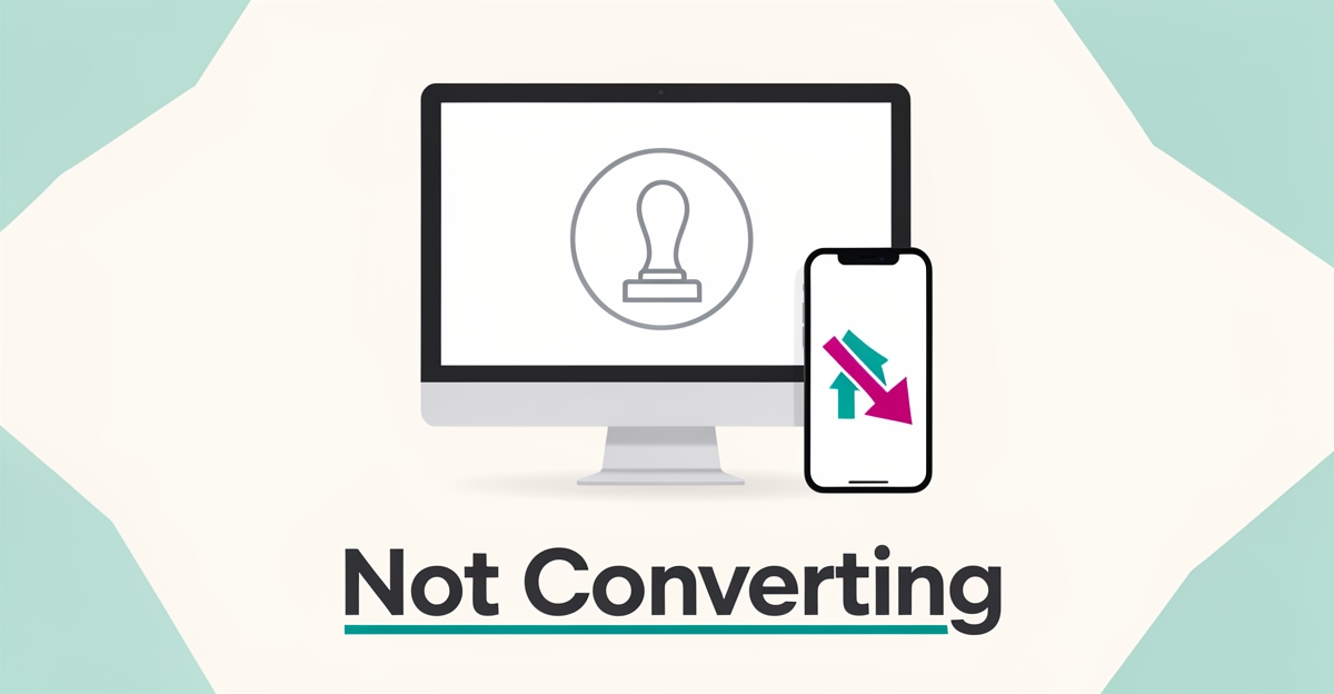 Flat illustration of a desktop and smartphone showing a stamp design tool with a declining conversion arrow, headline reading Not Converting.