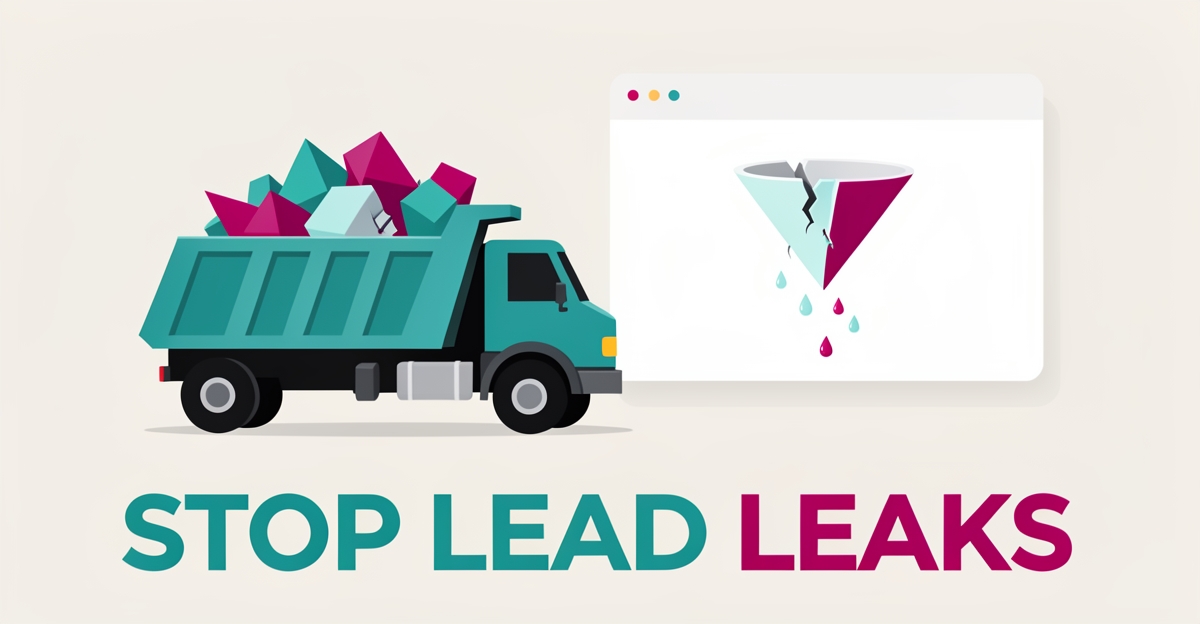 Flat illustration of a debris truck beside a leaking website funnel, symbolizing lost leads, with teal and magenta accents.