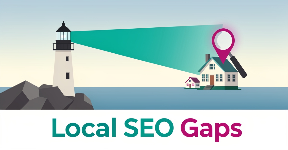 Flat illustration of a lighthouse beaming light over Nova Scotia buildings with location pins, symbolizing local SEO visibility for energy auditors.