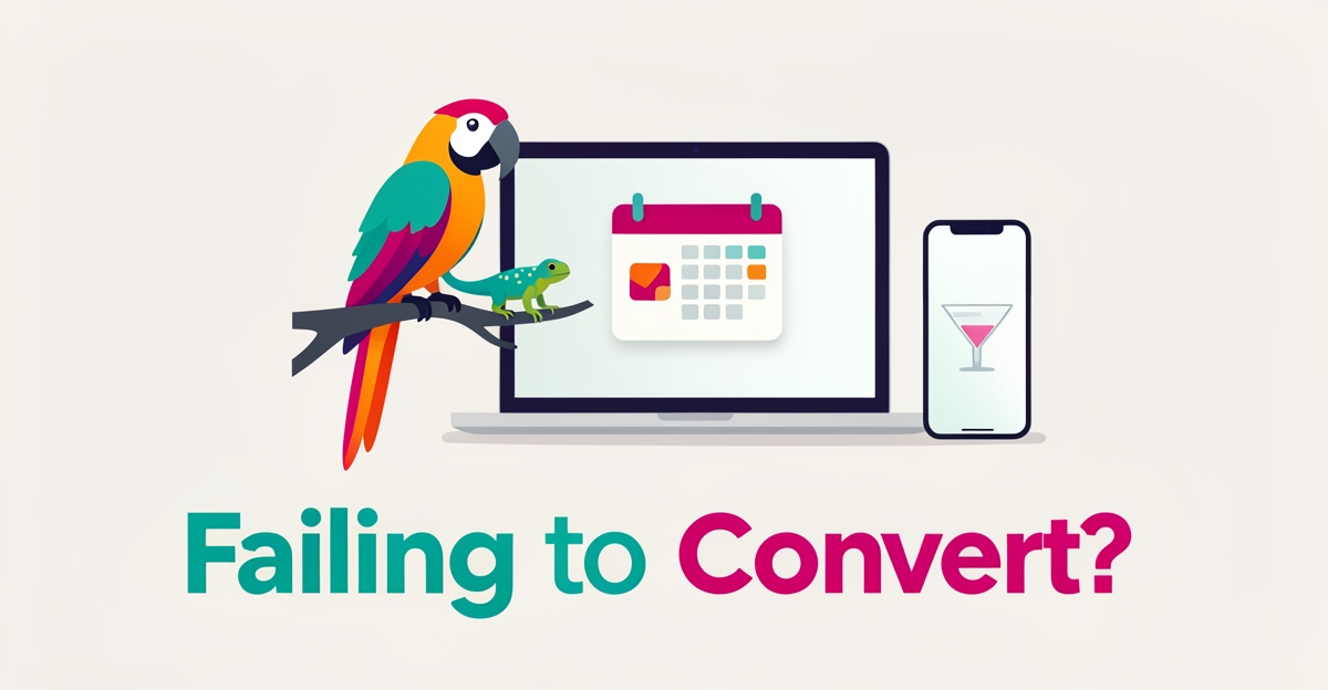 Flat illustration of a parrot and lizard beside a laptop showing booking icons, symbolizing exotic clinic website conversion issues.