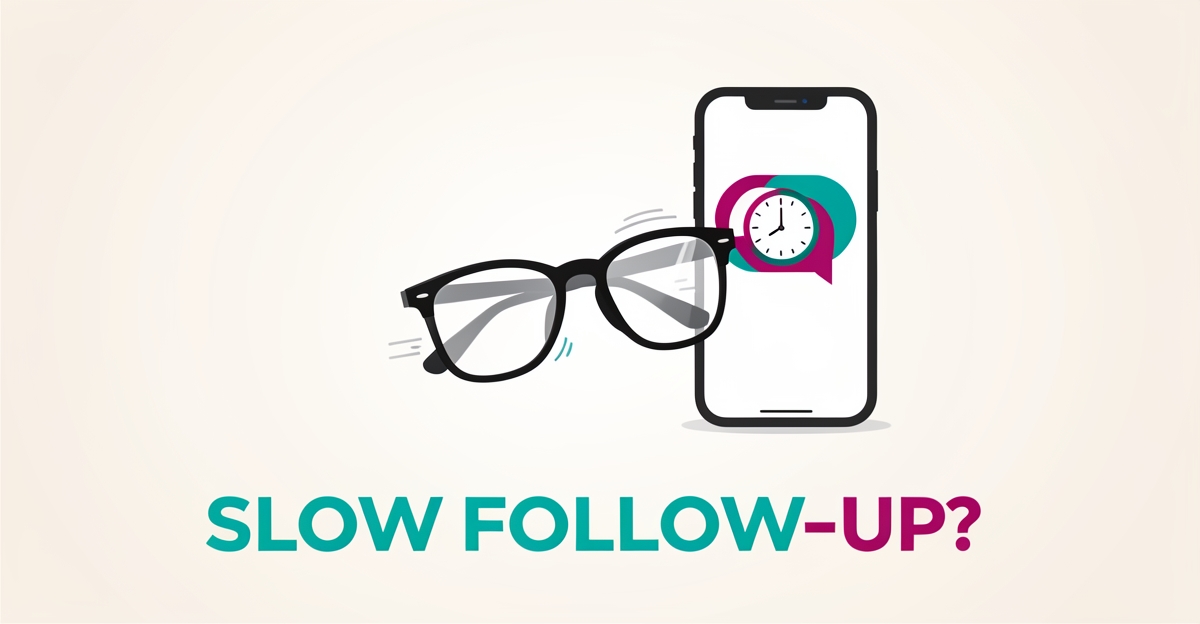 Flat illustration of eyeglasses beside a smartphone with an unanswered message and clock icon, accented in teal and magenta, headline reading SLOW FOLLOW-UP?