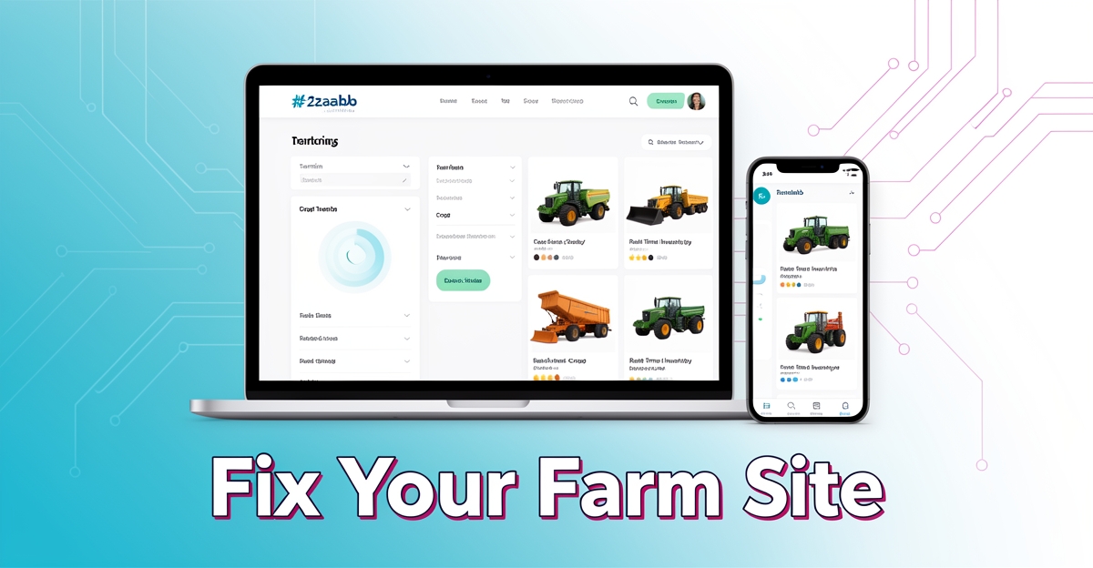 A modern flat illustration comparing slow and fast farm equipment website performance on mobile devices, with brand-colored accents and a headline overlay.
