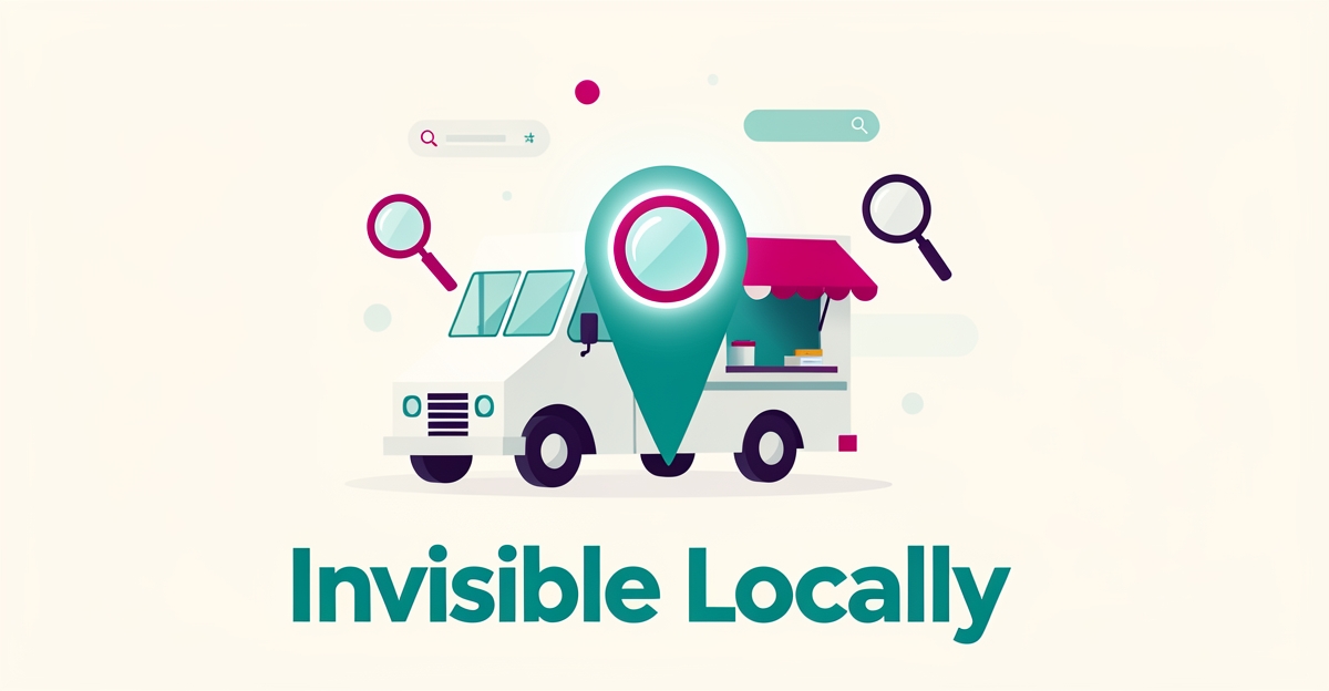 Flat illustration of a food truck next to a glowing map pin and search icons, symbolizing local search visibility for food truck websites.
