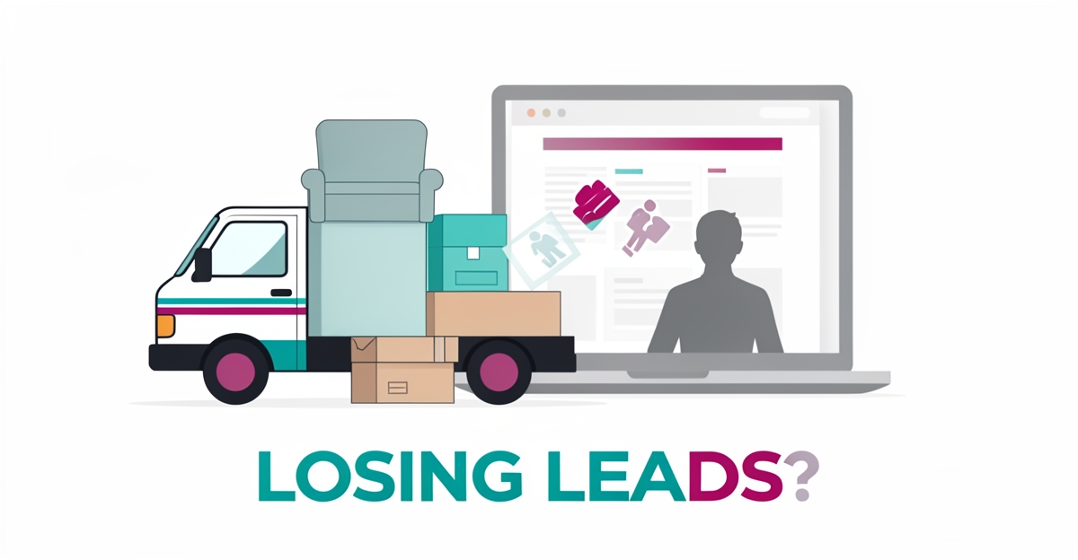 Flat illustration of a furniture removal truck and furniture beside a fading website wireframe with drifting lead icons, symbolizing lost leads to competitors.