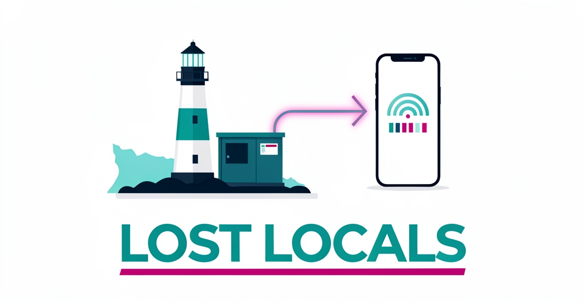 Flat illustration of a home generator near a lighthouse linked to a smartphone signal icon, headline reading Lost Locals.