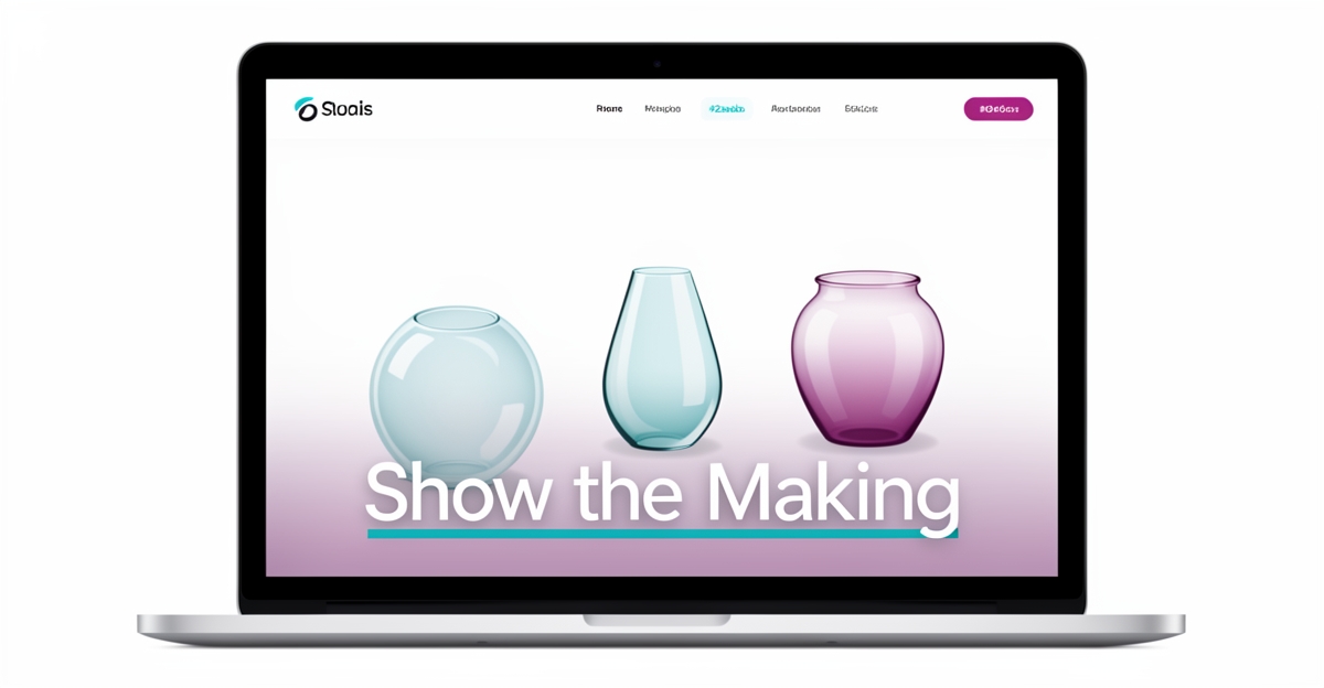 A minimalist laptop screen displaying a glass studio website showing only finished pieces, with the headline 'Show the Making' in the lower third, using brand colors #2aabb6 and #d946ef as subtle accents.