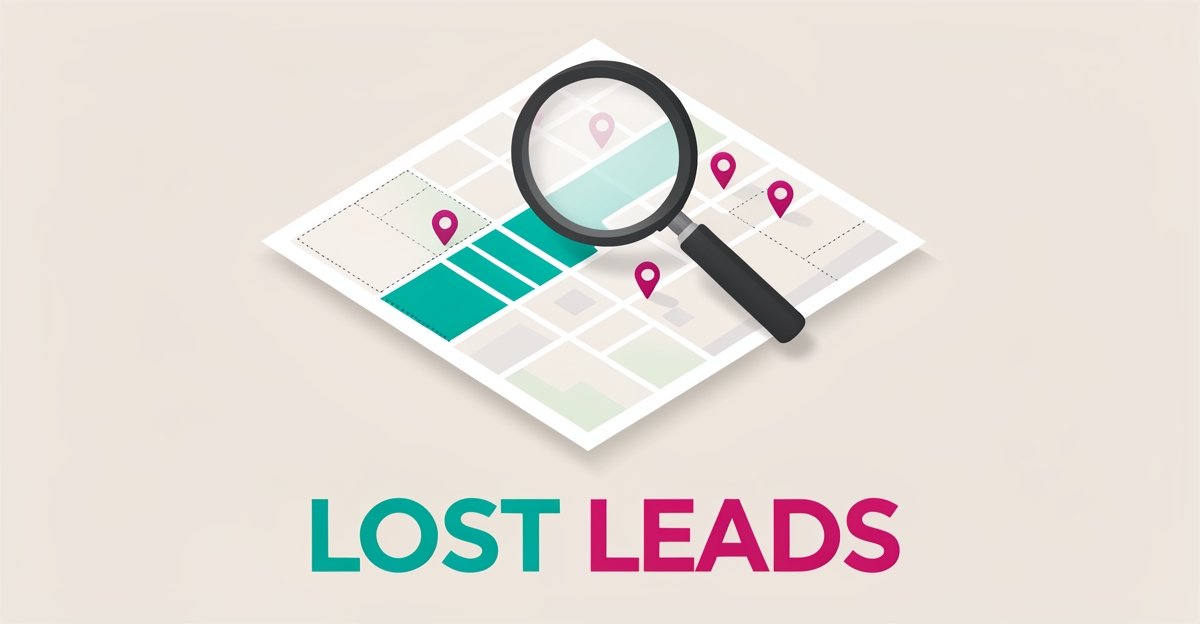 Flat illustration of a neighborhood map with a magnifying glass highlighting clear service areas in teal and magenta, symbolizing lost handyman leads.