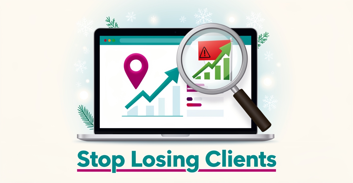 Flat illustration of a laptop with local SEO analytics and holiday accents, headline reading Stop Losing Clients.