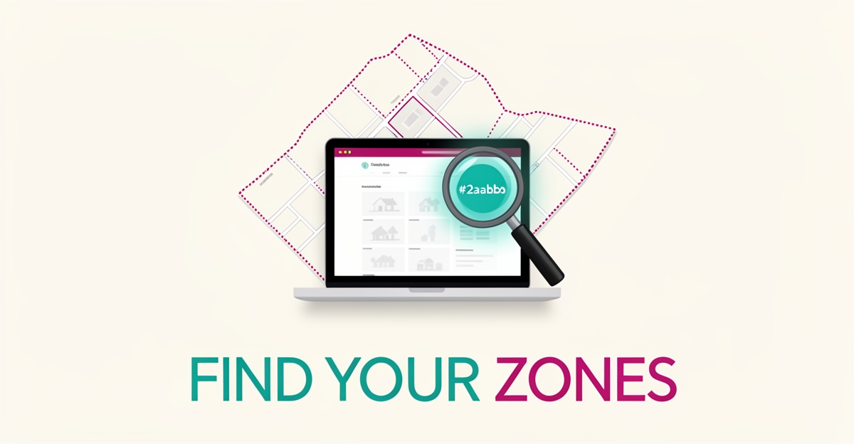 Flat illustration of a laptop linked to a map of school zones with a magnifying glass highlighting one area in teal and magenta.